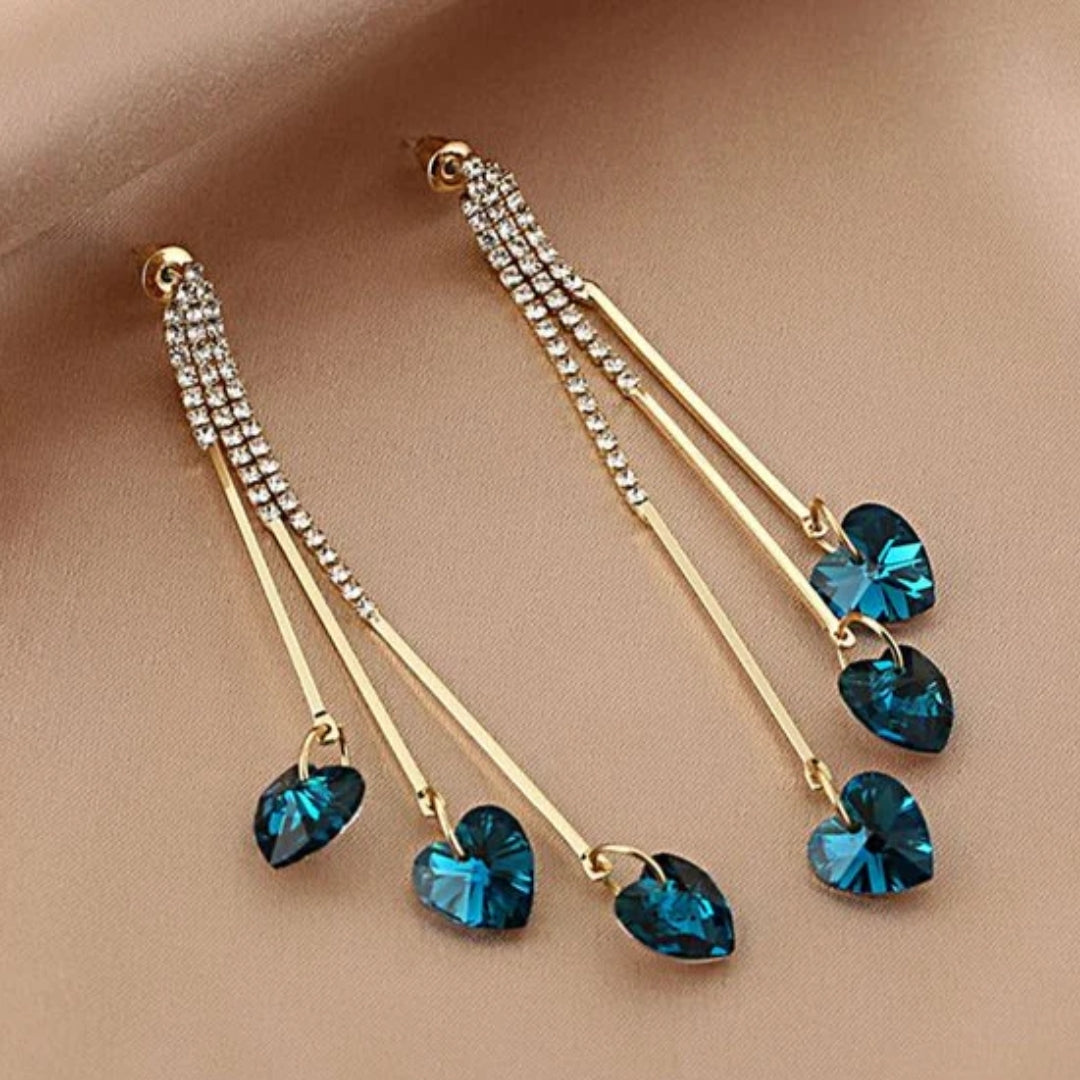 Elegant Blue Crystal Heart Drop Earrings
