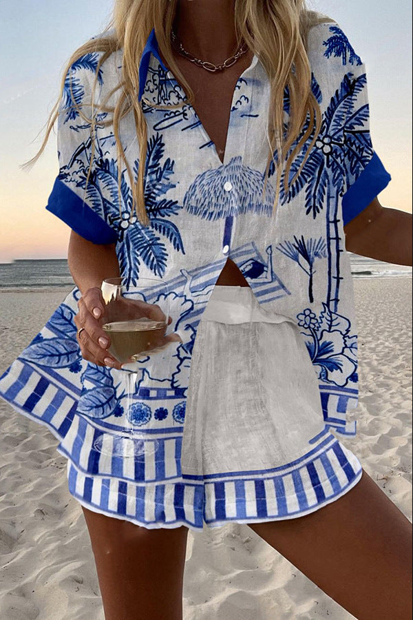 Zanika | Shorter complete linen outfit with palm print