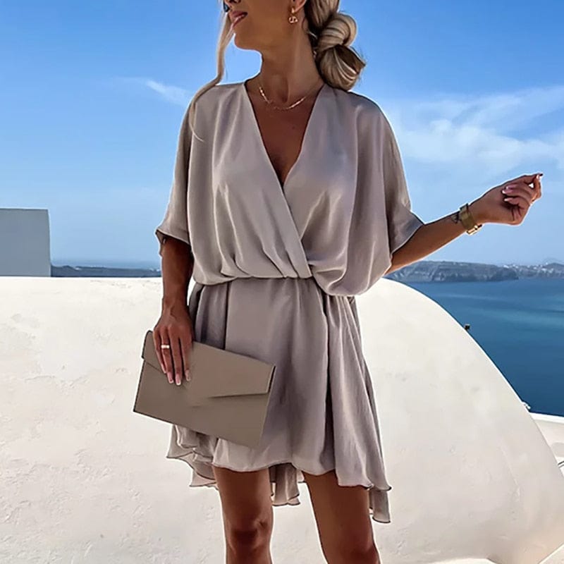Lina - Beige Boho Dress with V-neck