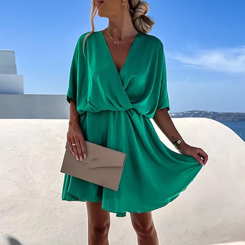 Oliana - Festive Green Boho Dress with V-neck