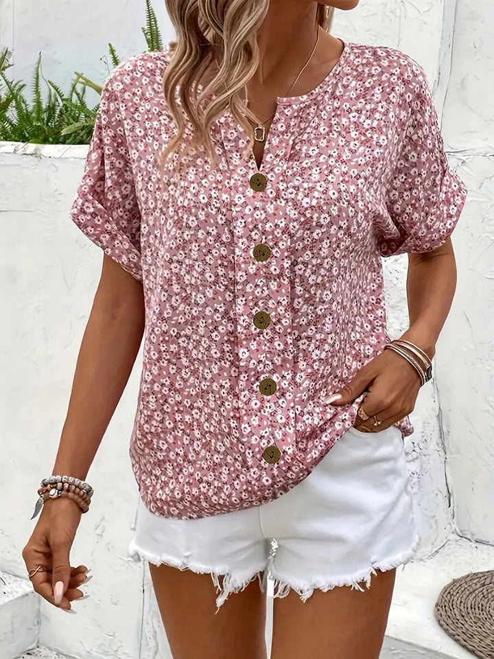Cindy   | Floral Print Notched Colour Blouse