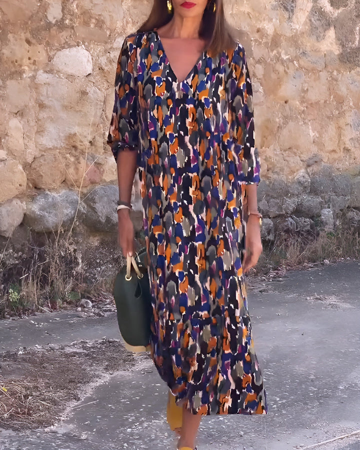 VIOLETTA | Long V-Neck Dress with Retro Pattern and Elegant Comfort for Every Occasion