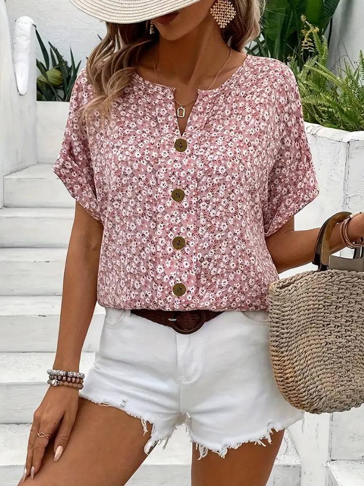 Cindy   | Floral Print Notched Colour Blouse