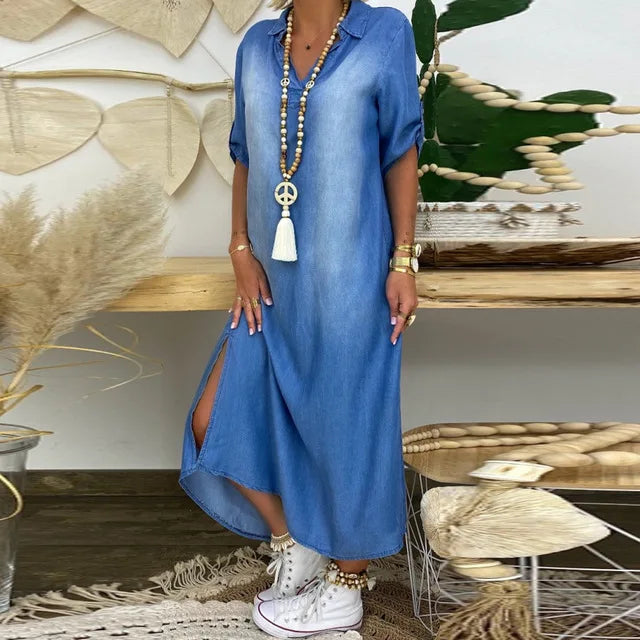 Lea | Long denim-look dress with side slit