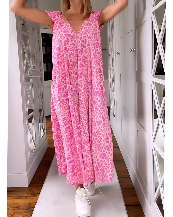 Véronique | Long V-Neck Dress with Print and Short Sleeves