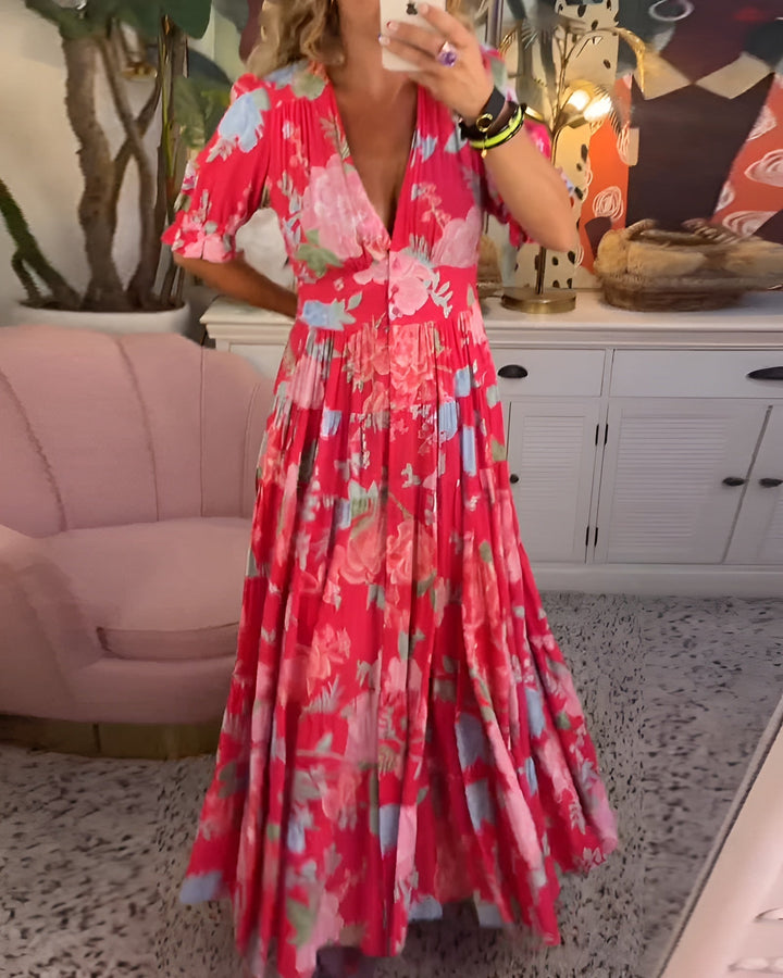 Carine | V-Neck Dress with Floral Pattern and Pocket