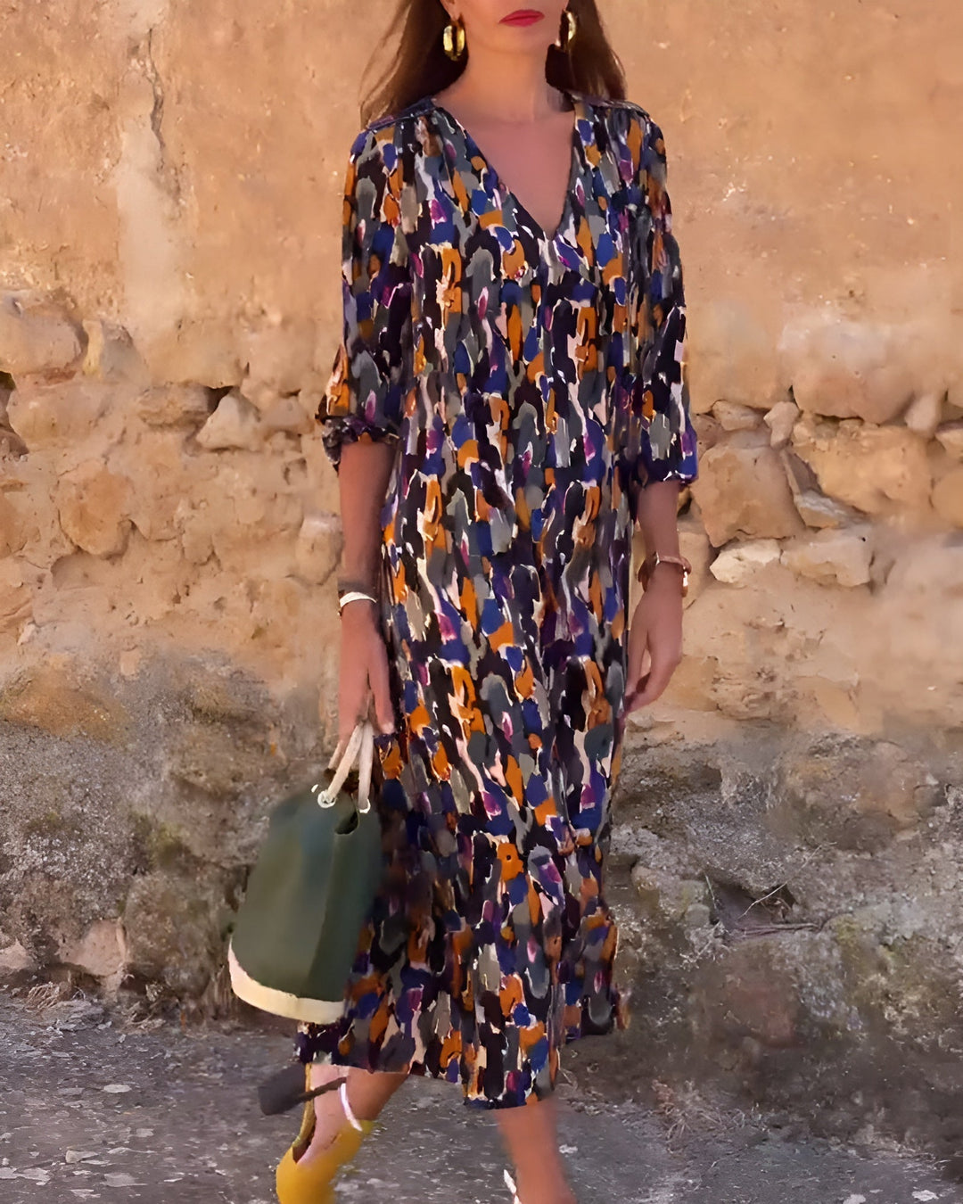 VIOLETTA | Long V-Neck Dress with Retro Pattern and Elegant Comfort for Every Occasion