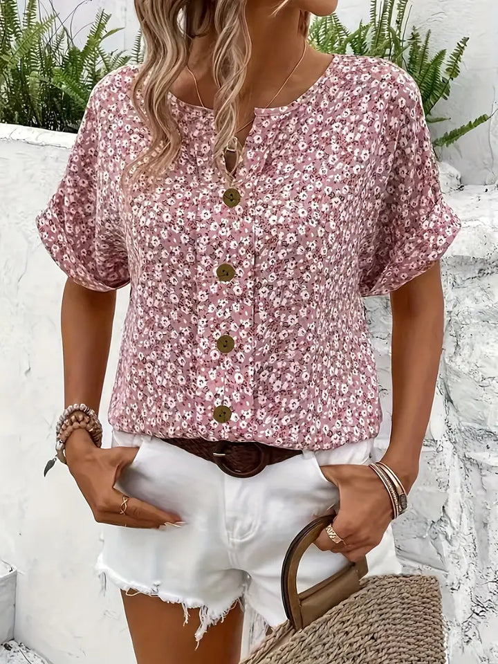 Cindy   | Floral Print Notched Colour Blouse
