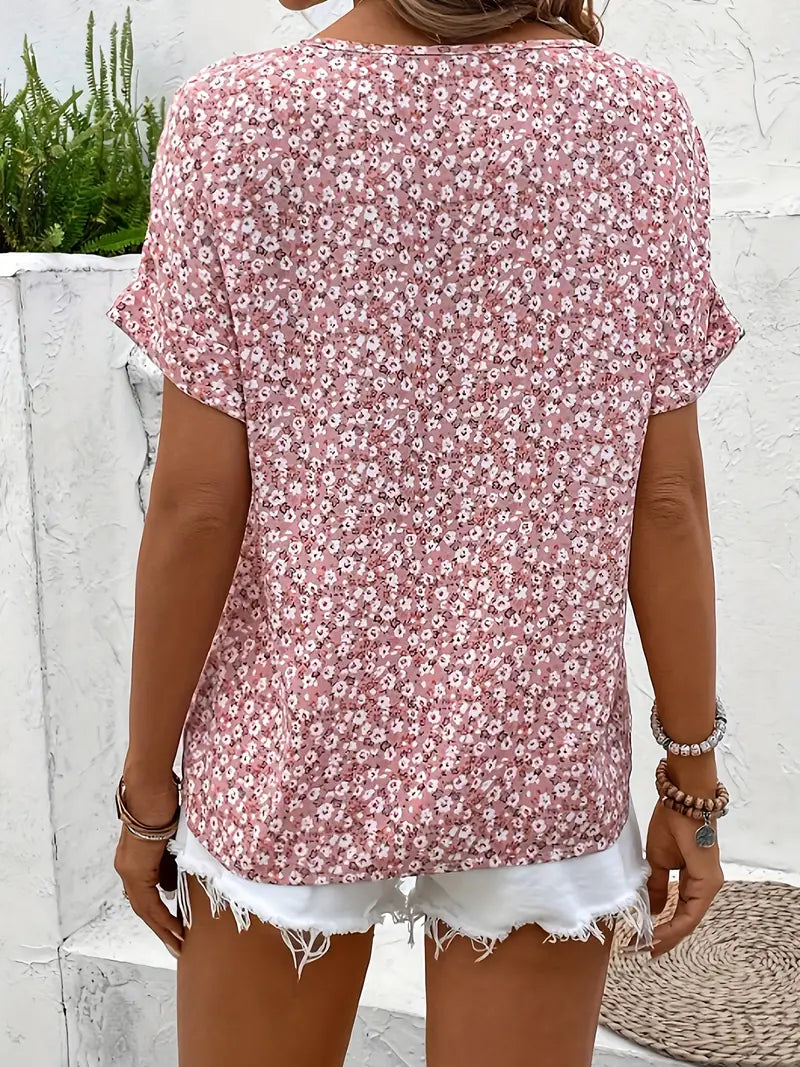 Cindy   | Floral Print Notched Colour Blouse