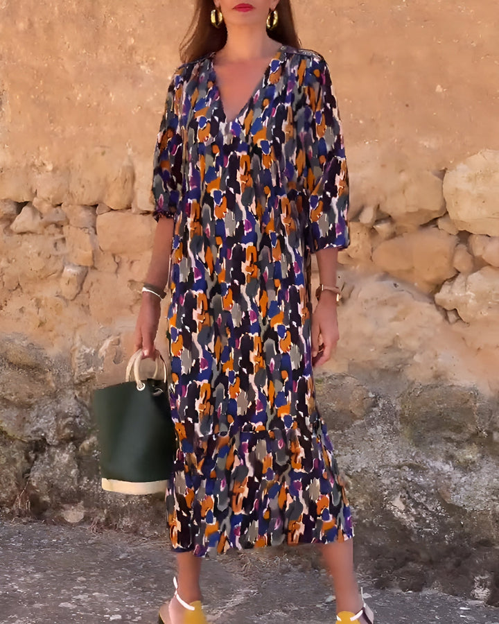 VIOLETTA | Long V-Neck Dress with Retro Pattern and Elegant Comfort for Every Occasion