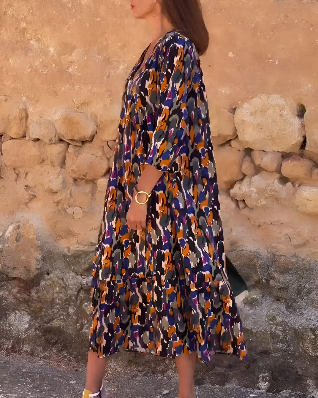 VIOLETTA | Long V-Neck Dress with Retro Pattern and Elegant Comfort for Every Occasion