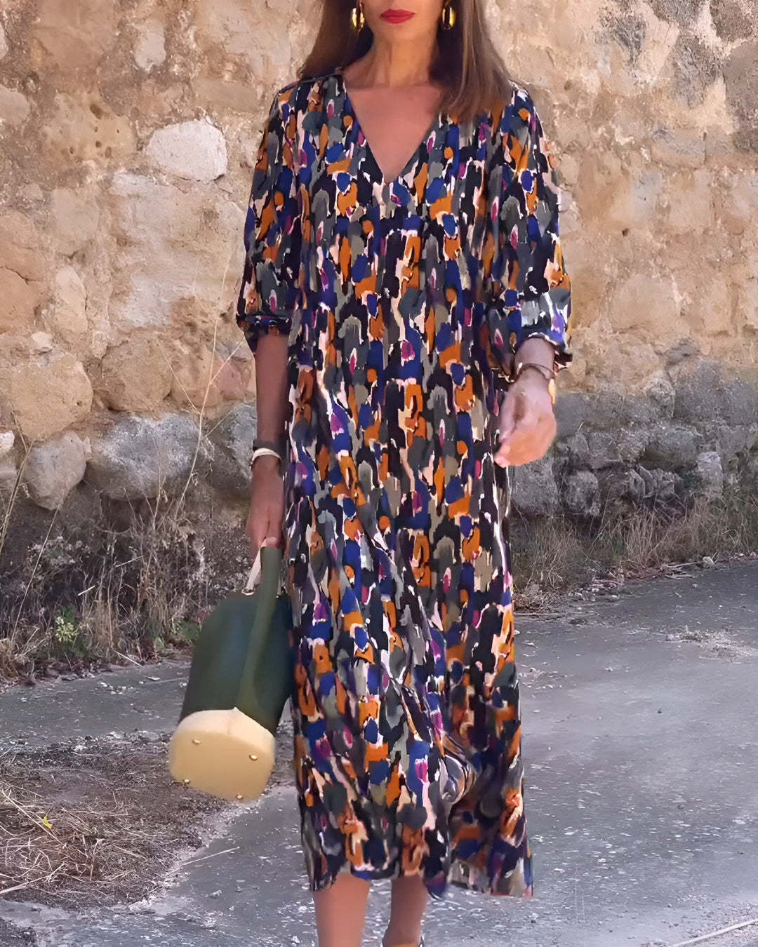 VIOLETTA | Long V-Neck Dress with Retro Pattern and Elegant Comfort for Every Occasion