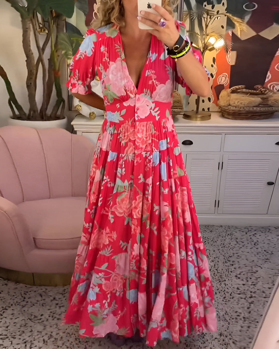 Carine | V-Neck Dress with Floral Pattern and Pocket
