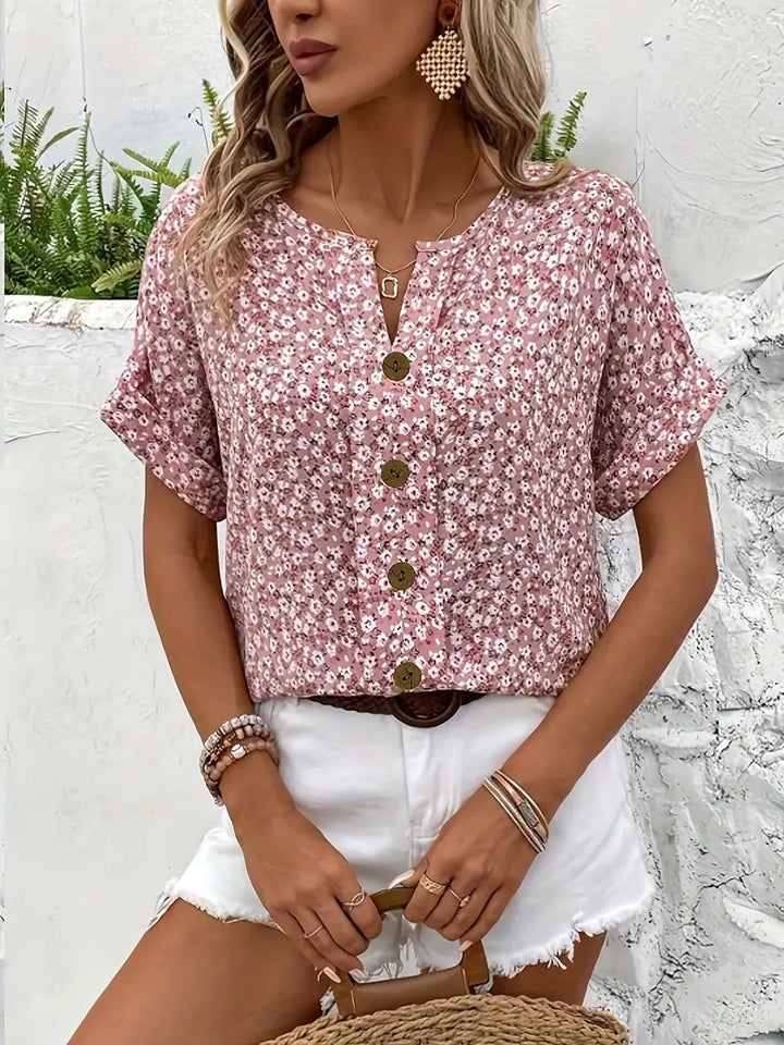 Cindy   | Floral Print Notched Colour Blouse