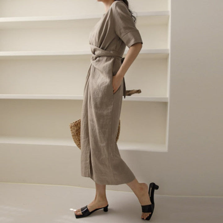Zaria - Irregular Linen Dress in Khaki