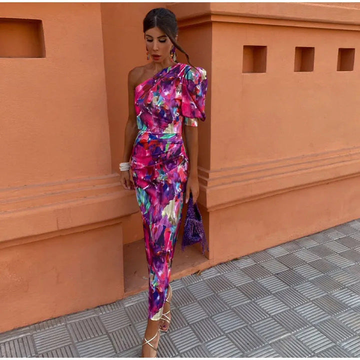Yllana   | Women's Midi Dress with Off-Shoulder Design in Violet