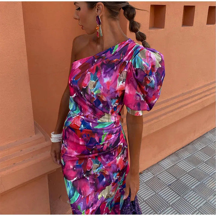 Yllana   | Women's Midi Dress with Off-Shoulder Design in Violet
