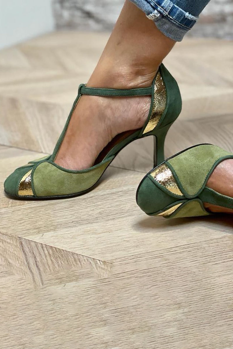 Carley - Patchwork Heeled Shoes with T-Strap