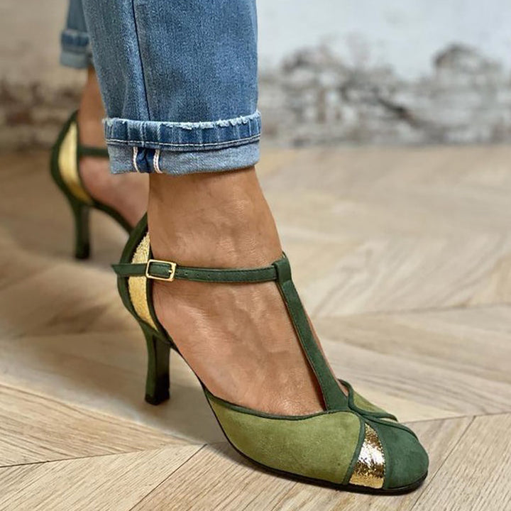 Carley - Patchwork Heeled Shoes with T-Strap