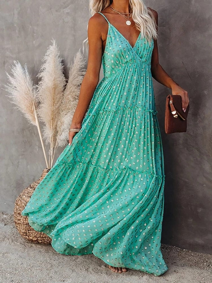 Evi   Green Maxi Dress with V-neck and Summer Ibiza Print