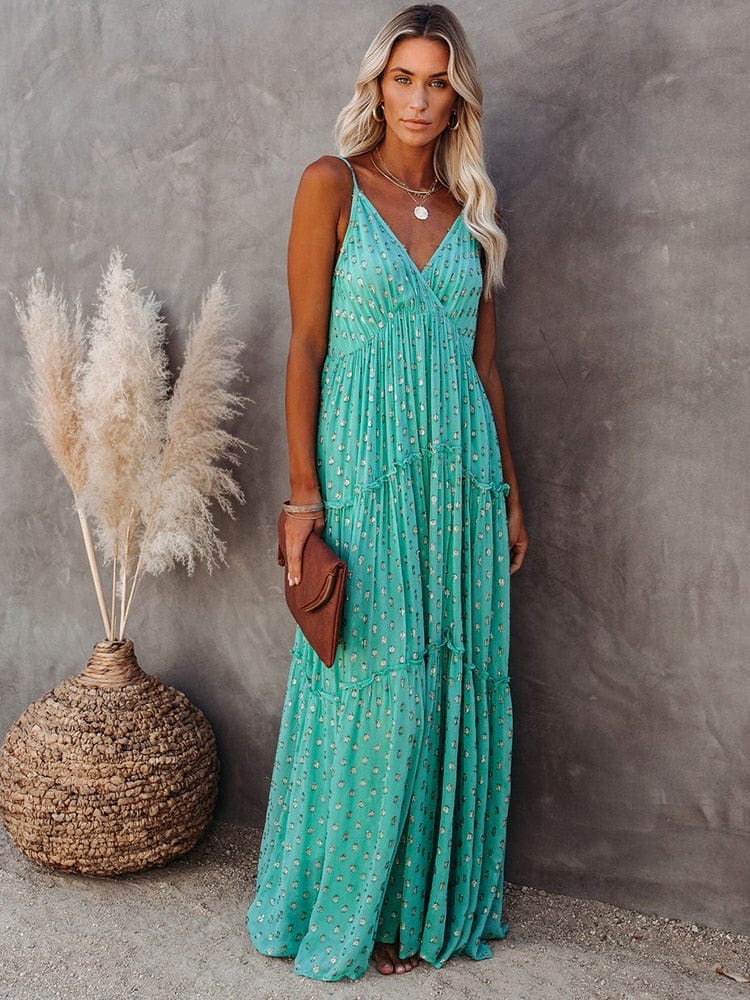 Evi   Green Maxi Dress with V-neck and Summer Ibiza Print
