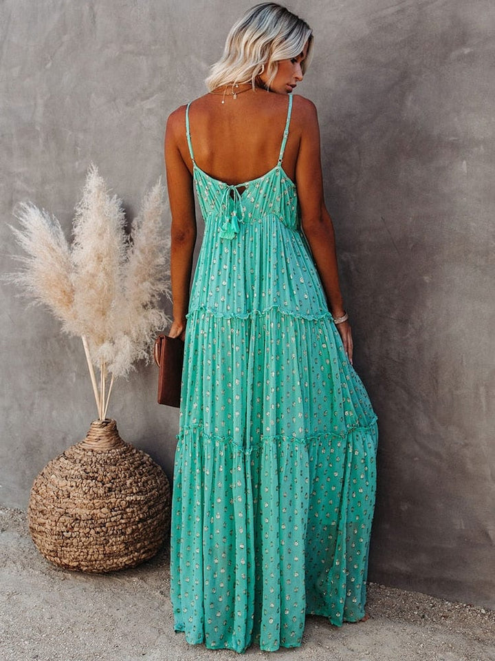 Evi   Green Maxi Dress with V-neck and Summer Ibiza Print