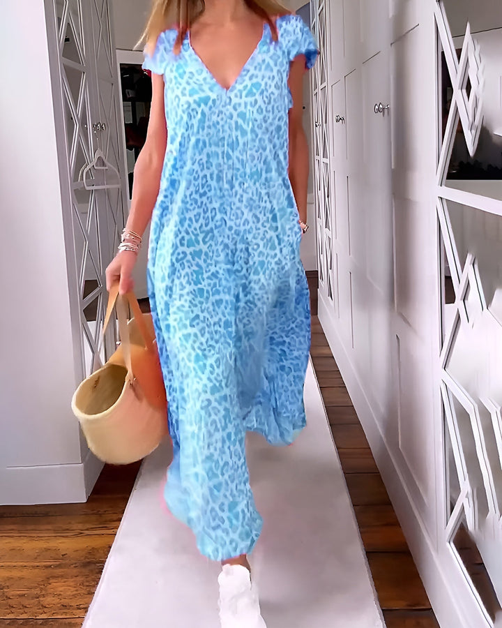 Véronique | Long V-Neck Dress with Print and Short Sleeves