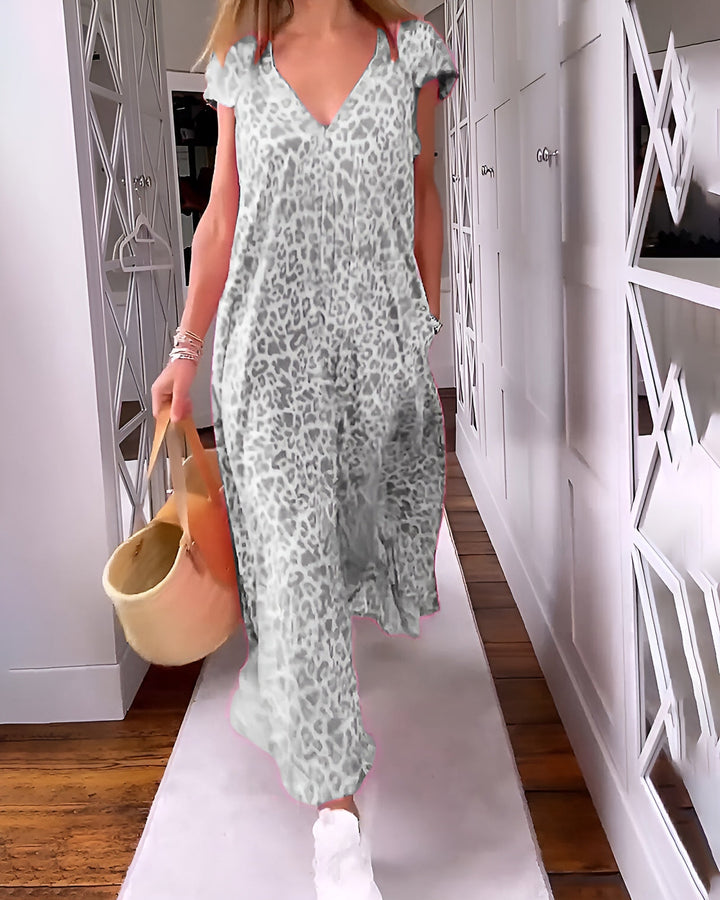 Véronique | Long V-Neck Dress with Print and Short Sleeves