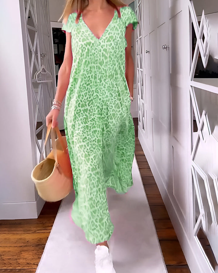 Véronique | Long V-Neck Dress with Print and Short Sleeves