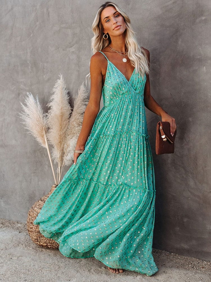 Evi   Green Maxi Dress with V-neck and Summer Ibiza Print