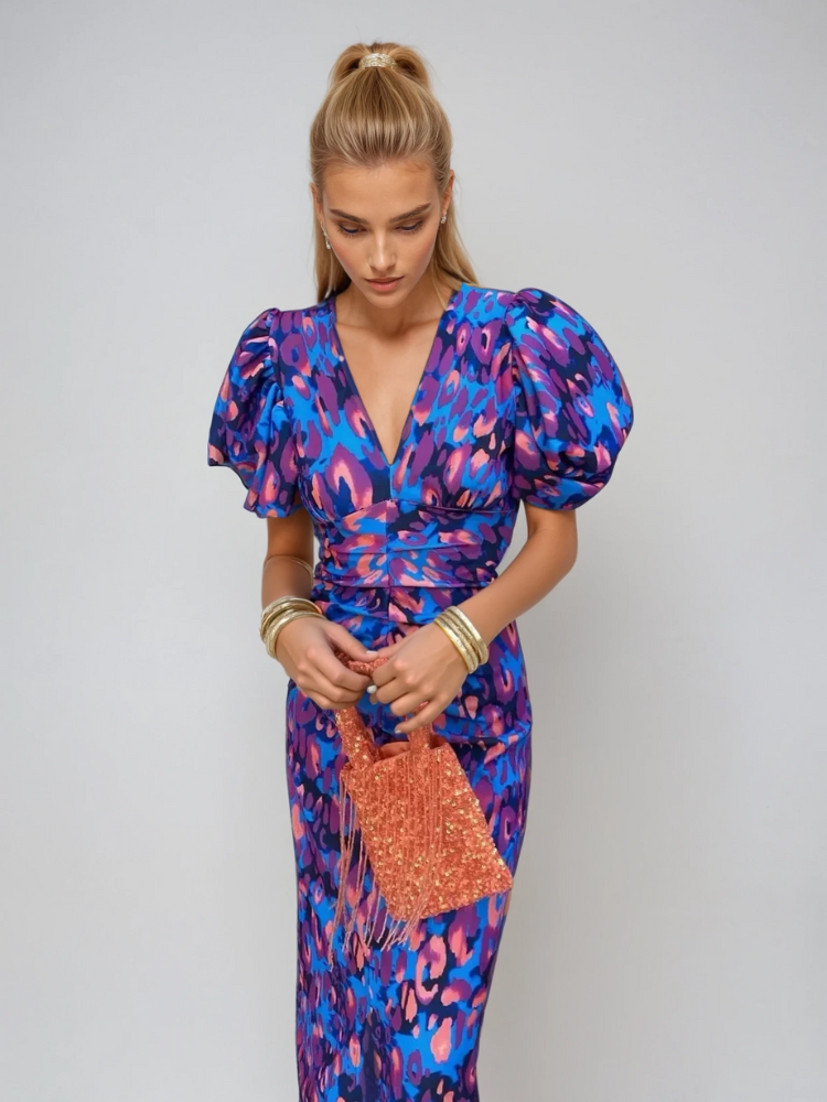 Arielle   Women's Colored Midi Dress with Pleated Sleeves