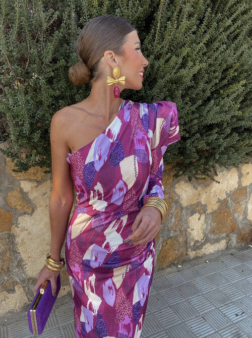 Yllana   | Women's Midi Dress with Off-Shoulder Design in Violet