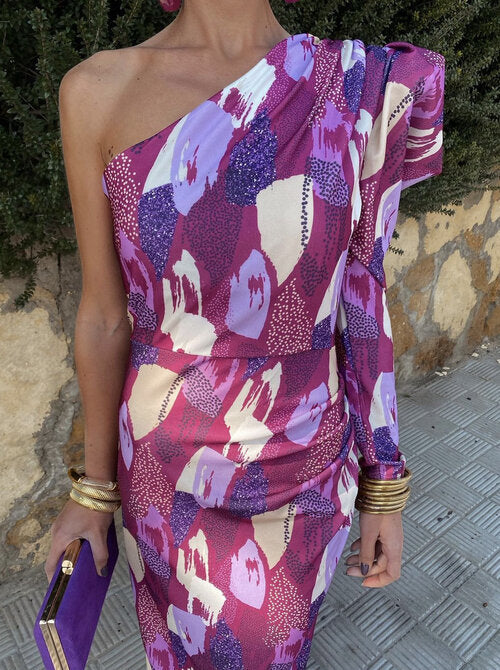 Yllana   | Women's Midi Dress with Off-Shoulder Design in Violet