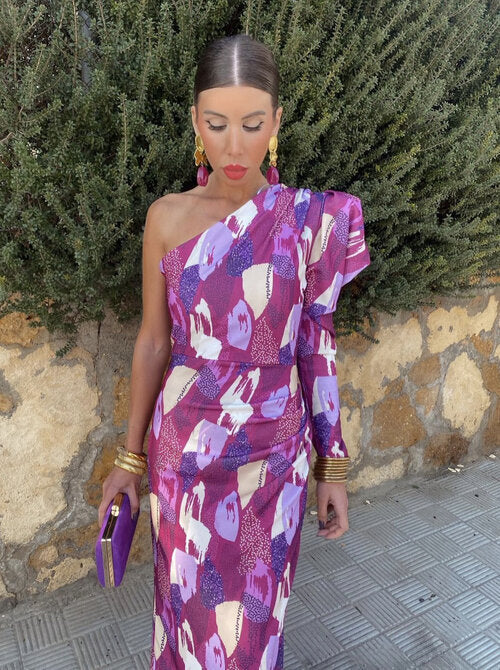 Yllana   | Women's Midi Dress with Off-Shoulder Design in Violet